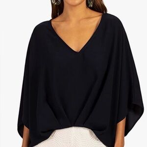 Trina Turk Black Top L Blouse Drape Dolman 3/4 Sleeve Batwing Scoop Neck Silky